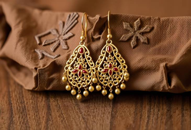 Glistening Golden Earrings on Brown Canvas